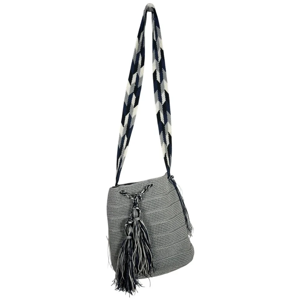 Unbranded Wayuu Style Woven Mochila Bucket Bag Gray Tassel Boho Shoulder Bag